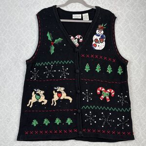 Vtg Ugly Christmas Sweater Vest Womens 2X Holiday Party Embellished Grandmacore